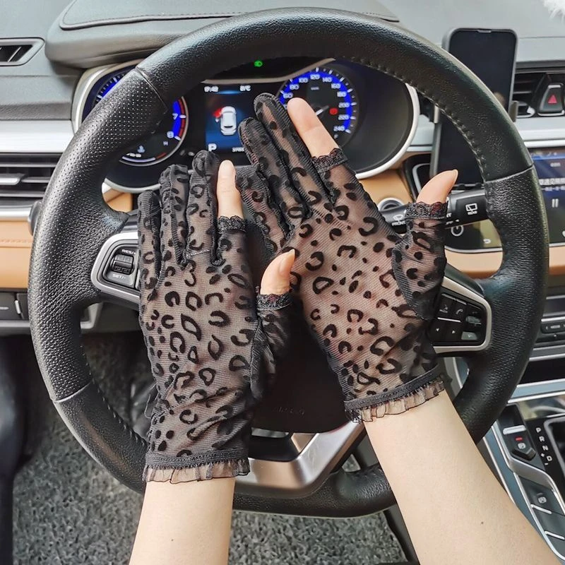 Leopard Lace Gloves Summer Sheer Mesh Touchscreen Fingerless Gloves Breathable Driving Cycling Outdoor Decoration Accessories