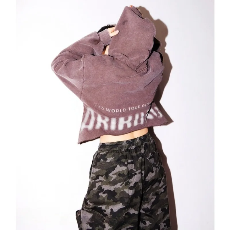 New Arirang Washed Distressed Cropped Hoodie Unisex Letter Graphic Raw Edge Hem Long Sleeve Streetwear Pullover Sweatshirt Top
