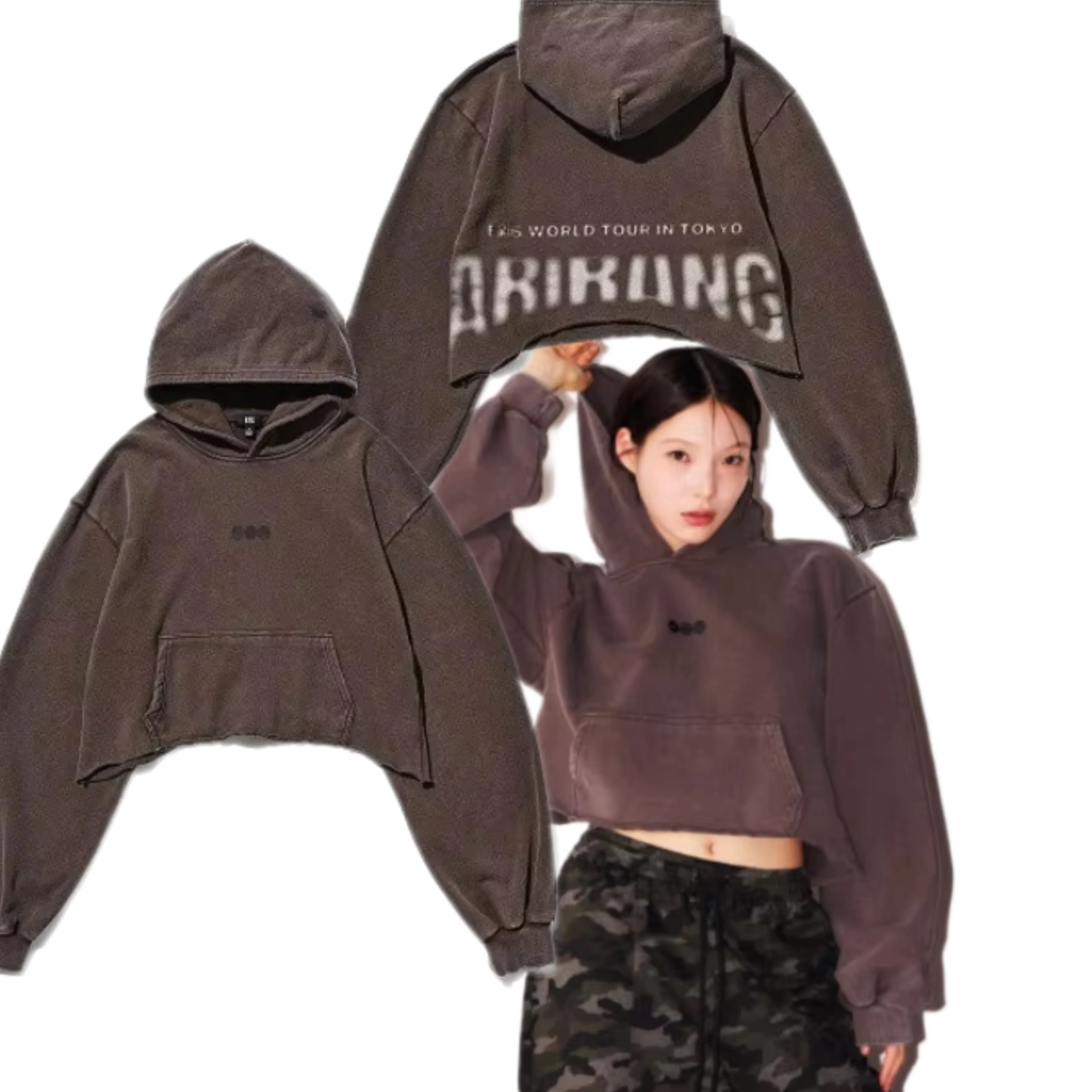 New Arirang Washed Distressed Cropped Hoodie Unisex Letter Graphic Raw Edge Hem Long Sleeve Streetwear Pullover Sweatshirt Top