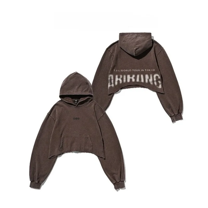 New Arirang Washed Distressed Cropped Hoodie Unisex Letter Graphic Raw Edge Hem Long Sleeve Streetwear Pullover Sweatshirt Top