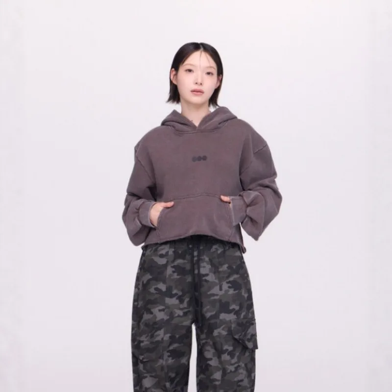New Arirang Washed Distressed Cropped Hoodie Unisex Letter Graphic Raw Edge Hem Long Sleeve Streetwear Pullover Sweatshirt Top