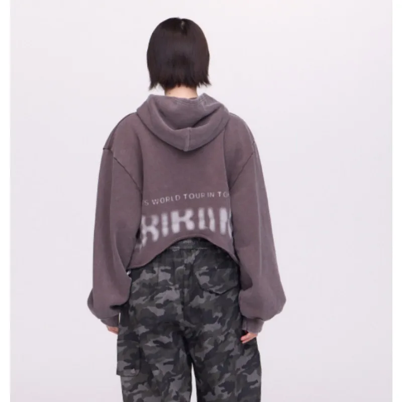 New Arirang Washed Distressed Cropped Hoodie Unisex Letter Graphic Raw Edge Hem Long Sleeve Streetwear Pullover Sweatshirt Top