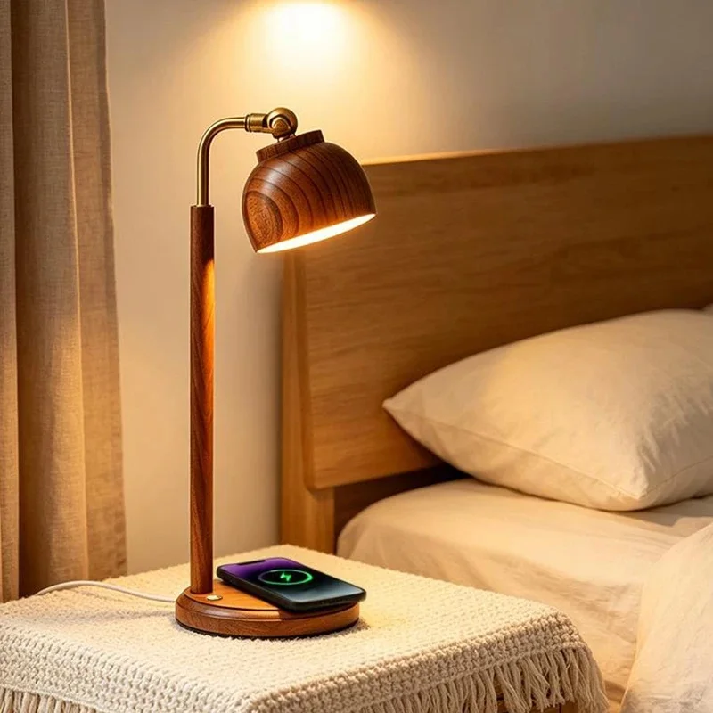Wooden Table Lamp With Wireless ChargerArm Desk Lamp Retro LED Night Light for Bedroom Bedside Reading Home Decor