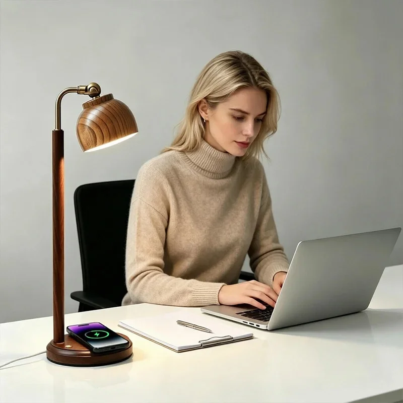 Wooden Table Lamp With Wireless ChargerArm Desk Lamp Retro LED Night Light for Bedroom Bedside Reading Home Decor