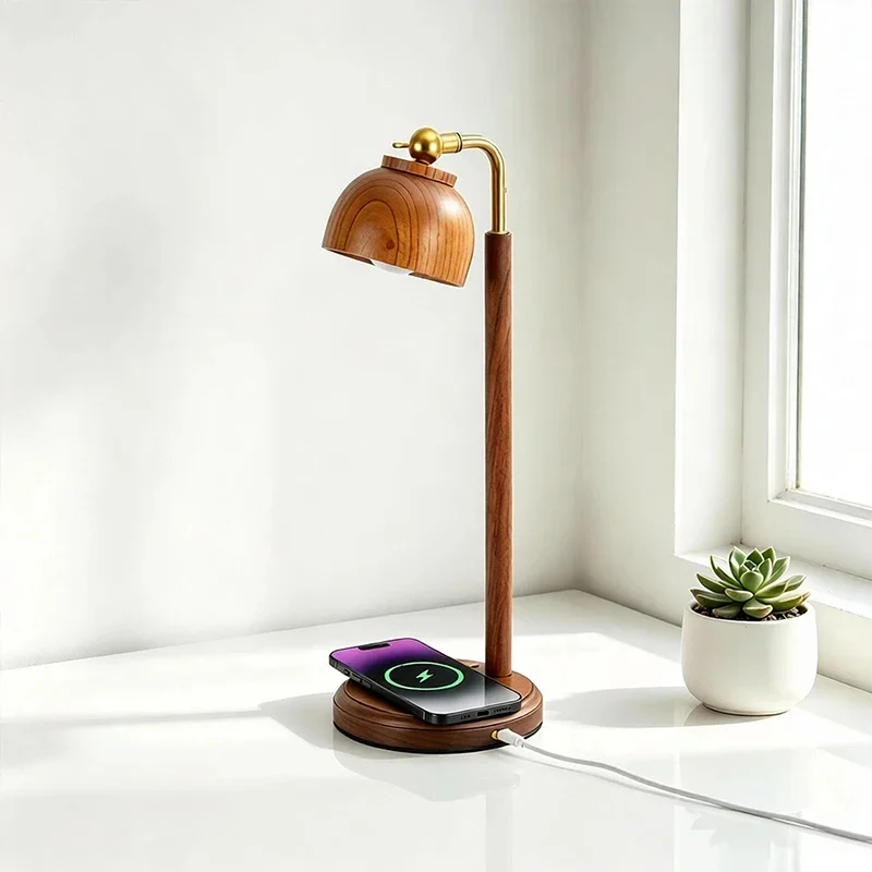 Wooden Table Lamp With Wireless ChargerArm Desk Lamp Retro LED Night Light for Bedroom Bedside Reading Home Decor