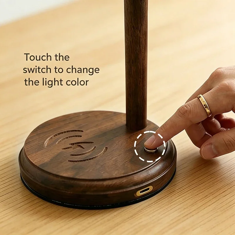 Wooden Table Lamp With Wireless ChargerArm Desk Lamp Retro LED Night Light for Bedroom Bedside Reading Home Decor
