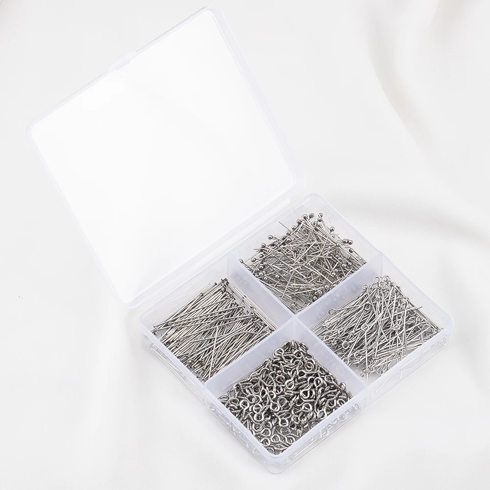 450pcs/Box Stainless Steel Connector Jewelry Making Component Accessories Set 9 Pins Flat Head Pin Headpin Screw Eye Pin Earring
