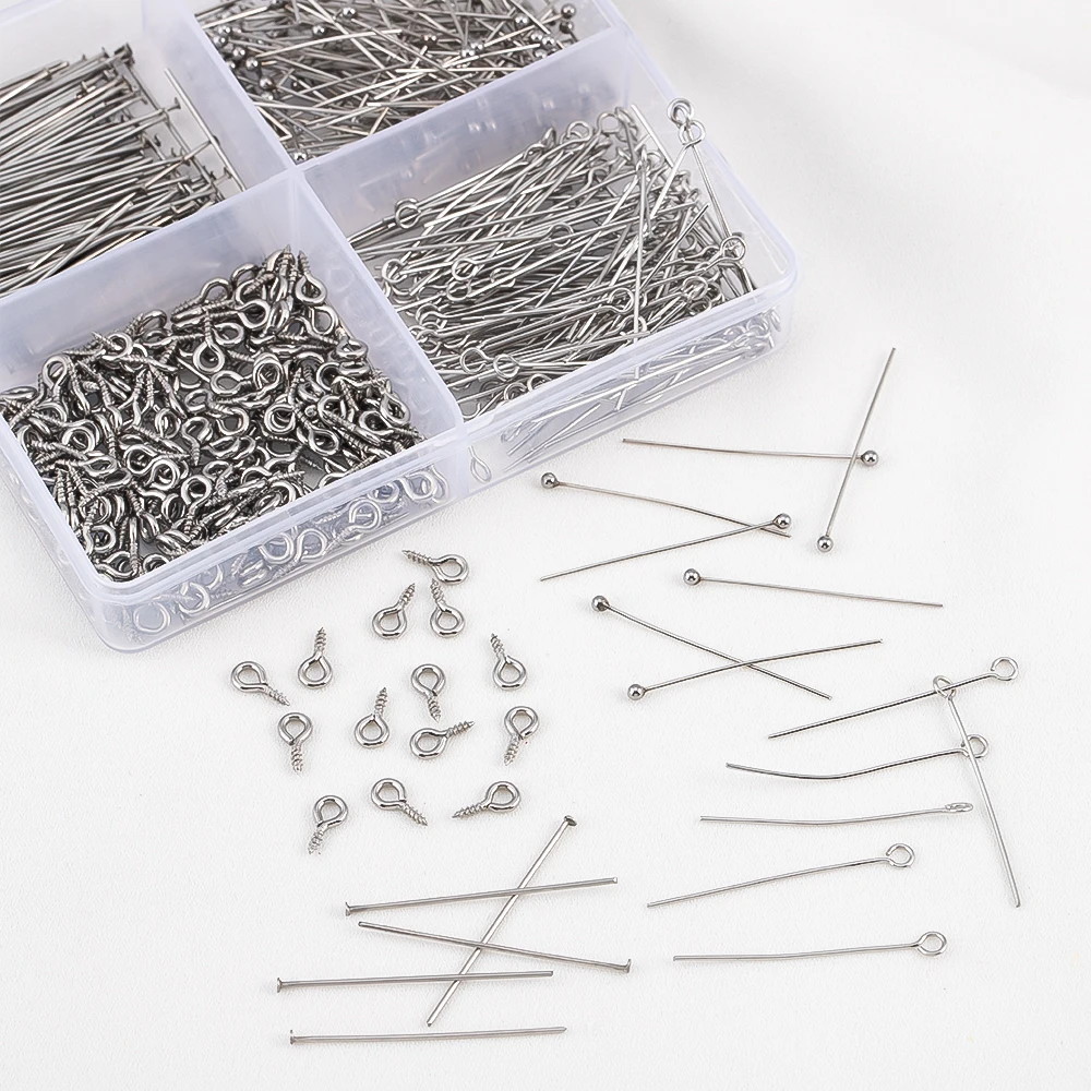 450pcs/Box Stainless Steel Connector Jewelry Making Component Accessories Set 9 Pins Flat Head Pin Headpin Screw Eye Pin Earring