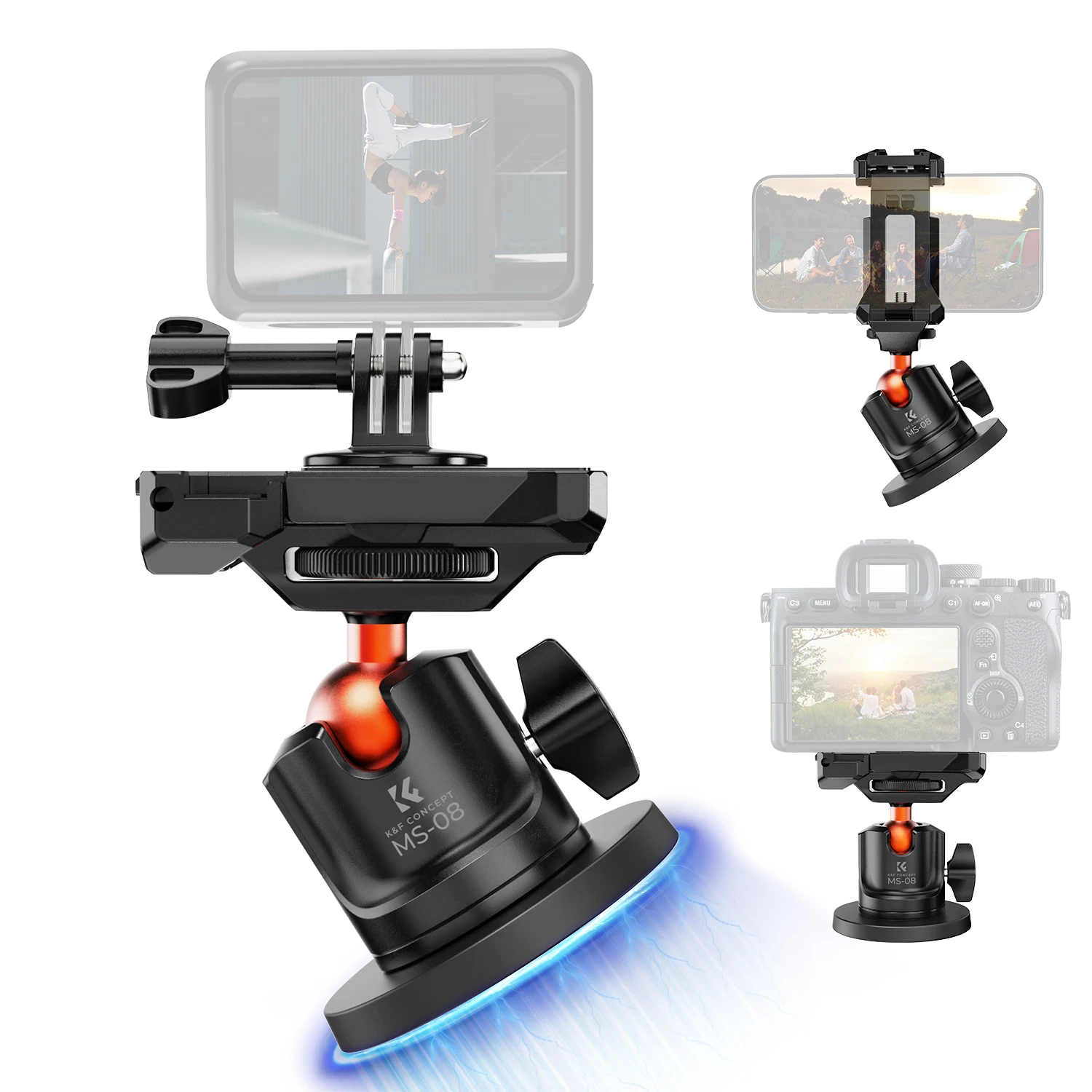 K&F CONCEPT Magnetic Camera Mount for GoPro Hero 13/12/11/10/9 Black DJI Osmo Action 5 Pro/4/3/2 Insta360 X5/X4 360° Ball Head