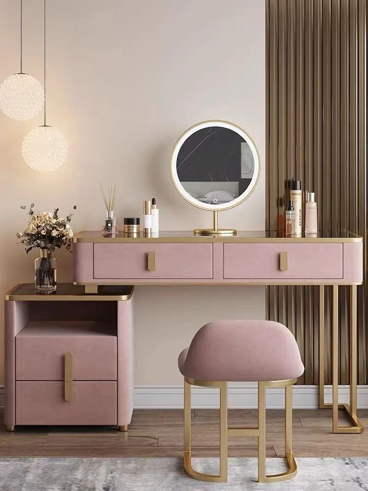 %French Oak Wood Adjustable Dressing Table with Lighted Mirror Stool Set Modern Vanity Makeup Station for Bedroom & Hotel Use