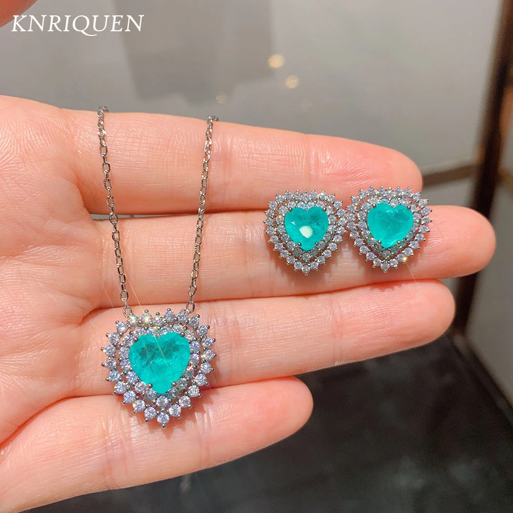 Charms 10*10MM Heart-Shaped Paraiba Tourmaline Ocean Star Pendant Necklace Stud Earrings Lab Diamond Women's Jewelry Sets Gifts