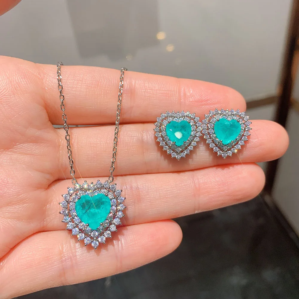 Charms 10*10MM Heart-Shaped Paraiba Tourmaline Ocean Star Pendant Necklace Stud Earrings Lab Diamond Women's Jewelry Sets Gifts