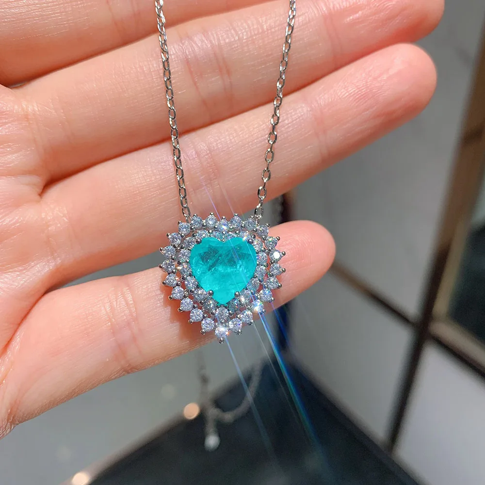 Charms 10*10MM Heart-Shaped Paraiba Tourmaline Ocean Star Pendant Necklace Stud Earrings Lab Diamond Women's Jewelry Sets Gifts