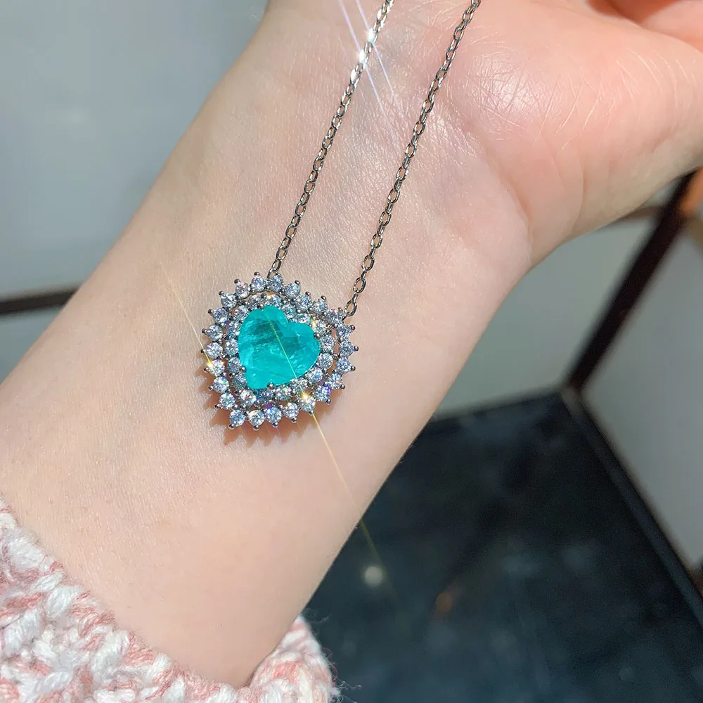 Charms 10*10MM Heart-Shaped Paraiba Tourmaline Ocean Star Pendant Necklace Stud Earrings Lab Diamond Women's Jewelry Sets Gifts