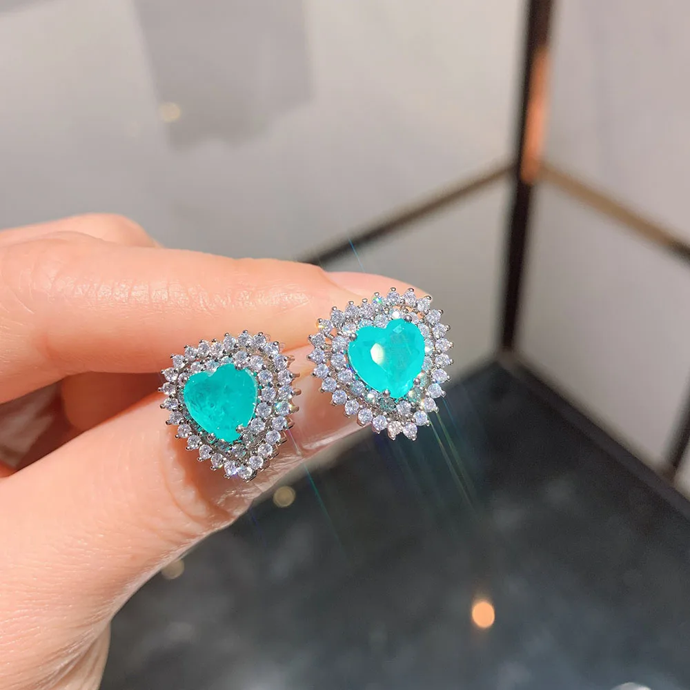 Charms 10*10MM Heart-Shaped Paraiba Tourmaline Ocean Star Pendant Necklace Stud Earrings Lab Diamond Women's Jewelry Sets Gifts