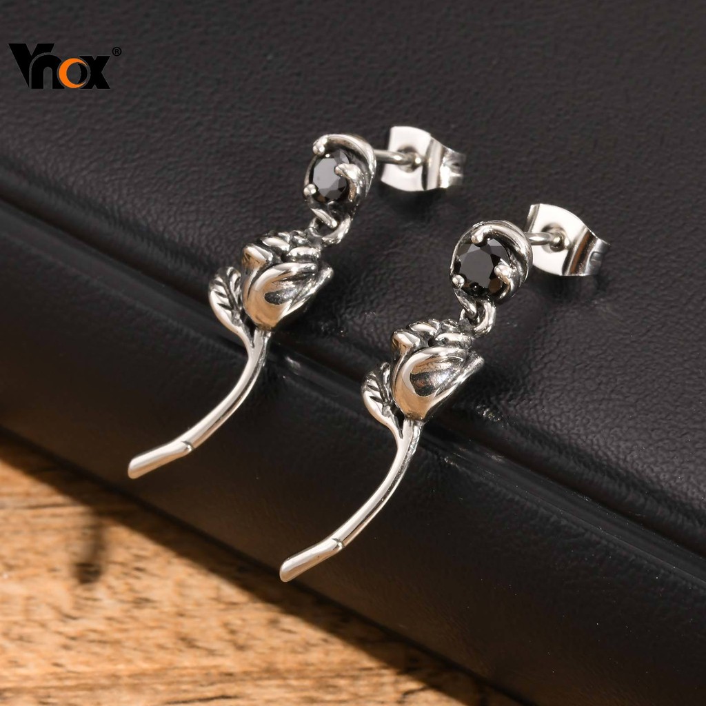 Brincos Pendentes De Rosa De Zircônia Preta Vnox Para Homens , De Design De Artesanato Exclusivo Punk Rock De Aço Inoxid