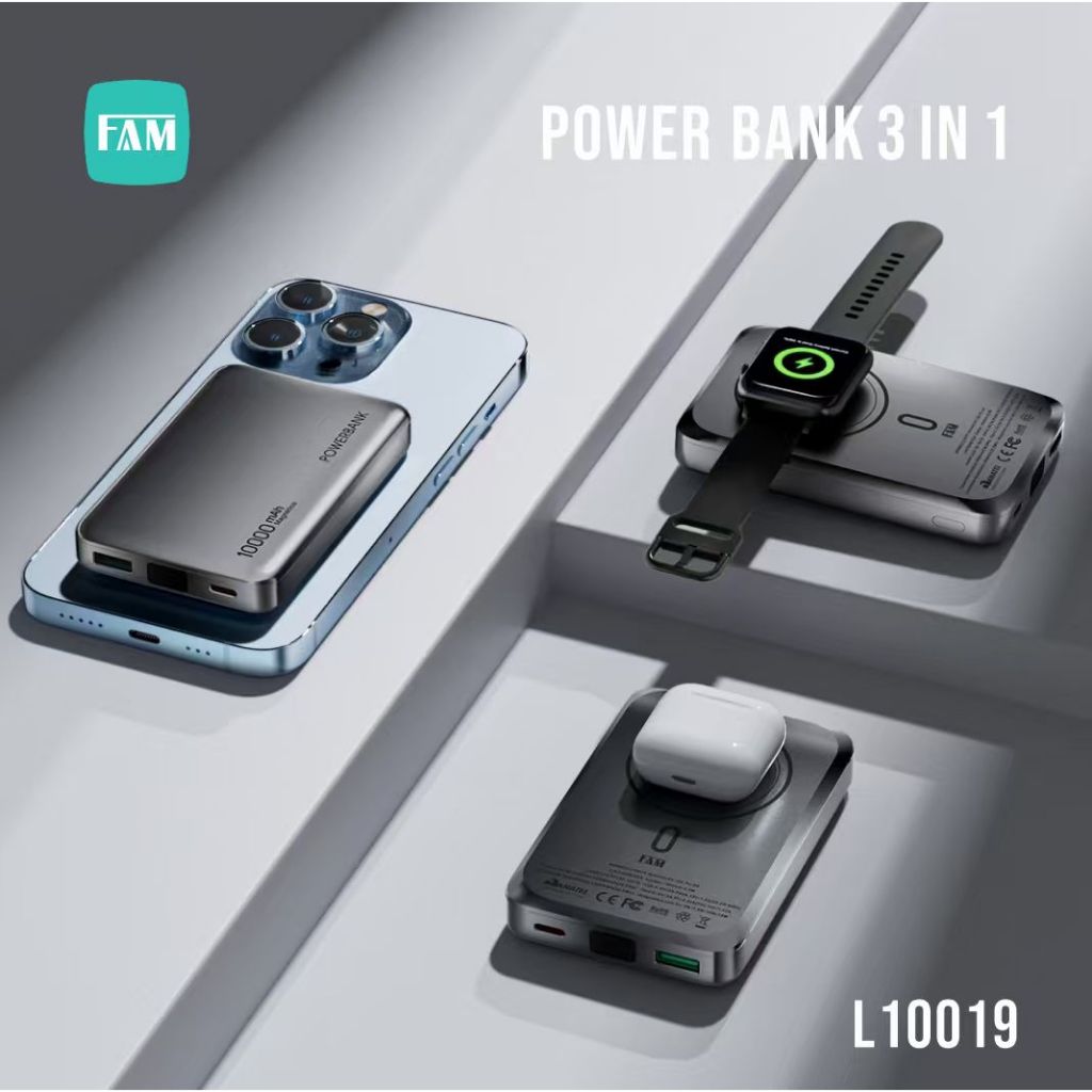 POWERBANK 10000MAH  MAGNÉTICO Mini portátil 3 in 1 Carregador de relógio, fones de ouvido e celular FAM L10019