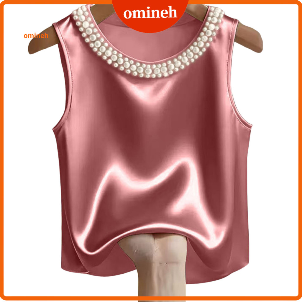 Soft Blouse Women Satin Vest Women’s Top with Round Neck and Imitation Pearl Decor – Loose Fit Smooth Fabric Party W