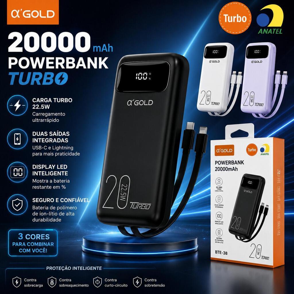 Power Bank A'Gold 20000mAh BTE-38 Carregador Portátil Dual USB Carregamento Rápido Alta Capacidade