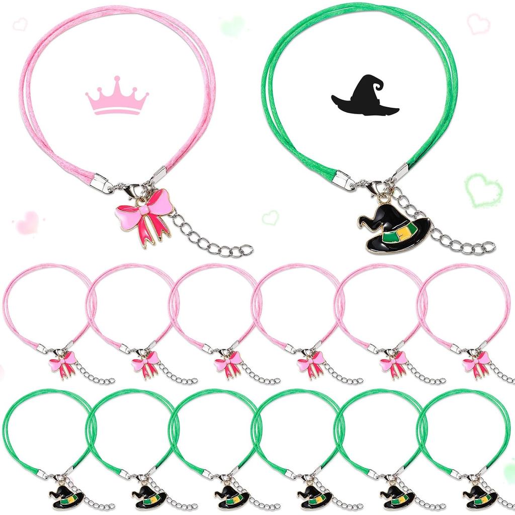 12 Pcs Witch Friendship Matching Bracelets Adjustable Green Pink Wax Rope Bracelet with Witch Hat Pink Bow Merchandise G