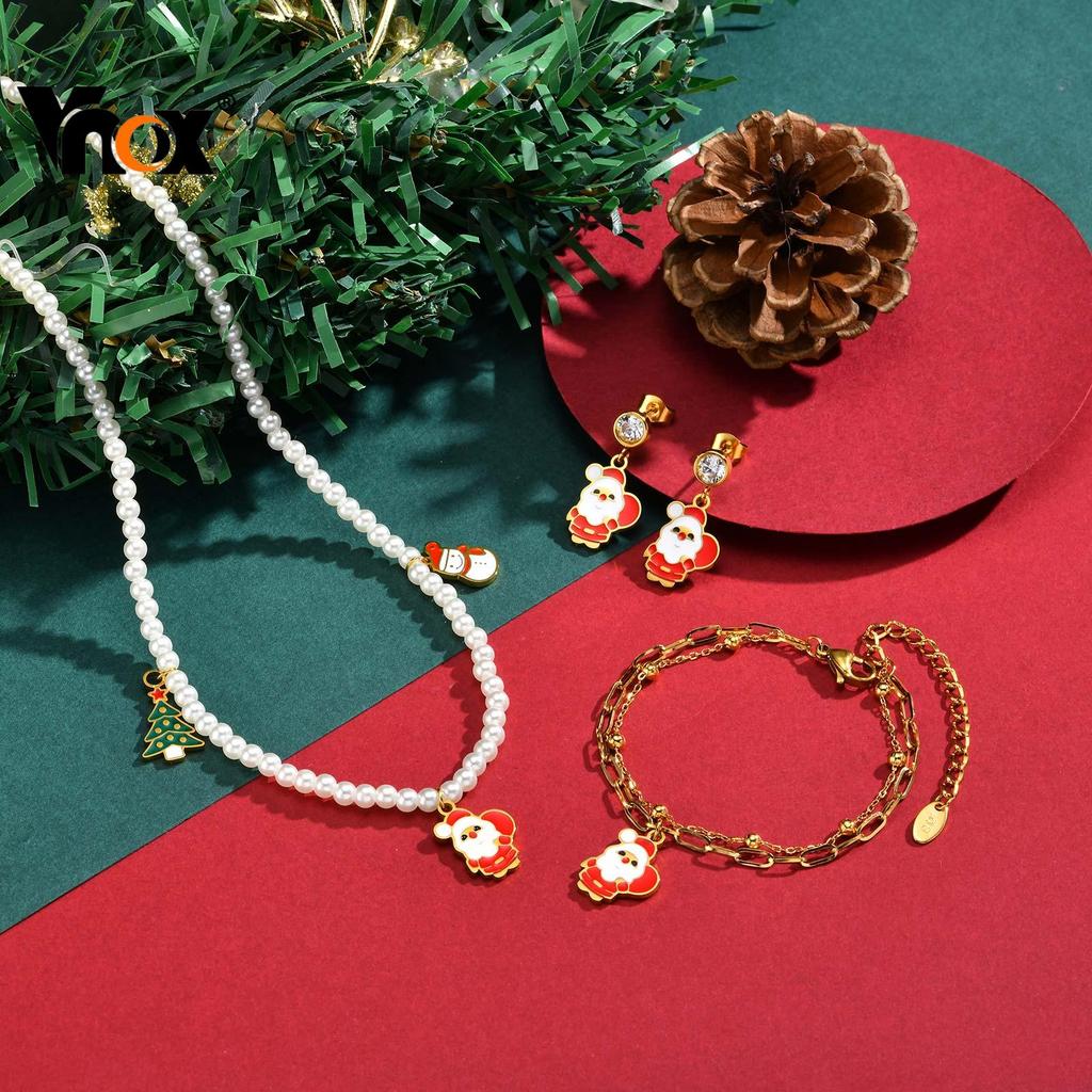 Vnox Double-layer Christmas Santa Claus Charm Chain Bracelet Necklace Earring Jewelry Set for Women Girl