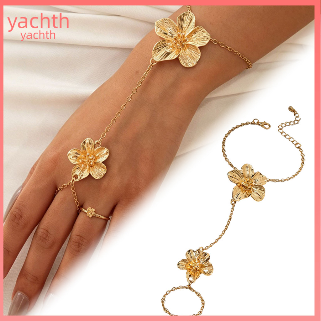 Flower Bracelet with Ring Dainty Hand Jewelry Gold Chain Finger for Women – Hibiscus Floral O-ring Fairy for Southeast