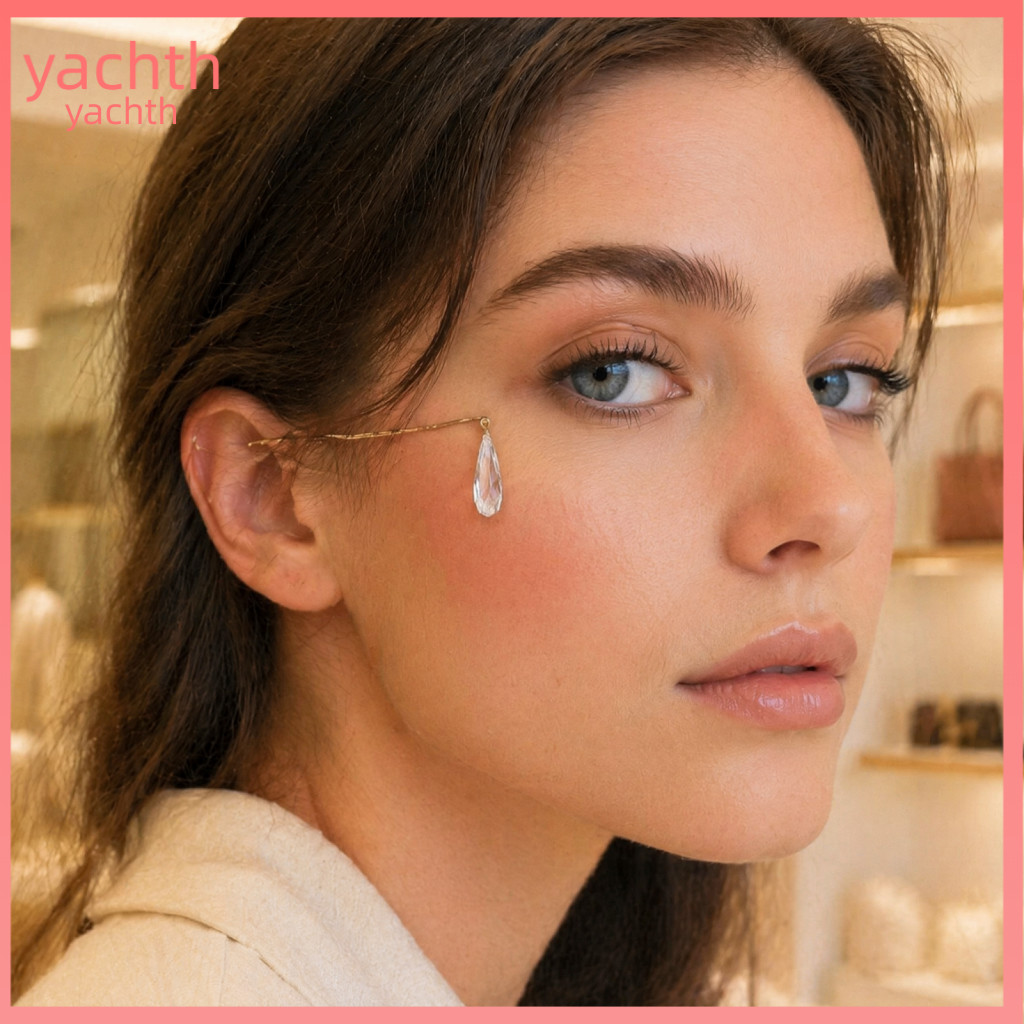 Silver Ear Cuff Stylish Statement Faux Teardrop Face Chain Non-piercing Metal Hook Jewelry for Women – Facial Accessor