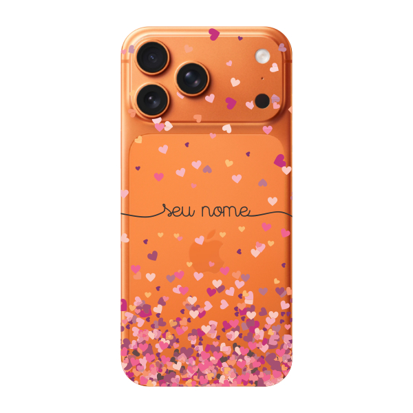 Capinha para iPhone 17 Pro Max Anti Impacto Personalizada - Chuva de corações rosa com nome