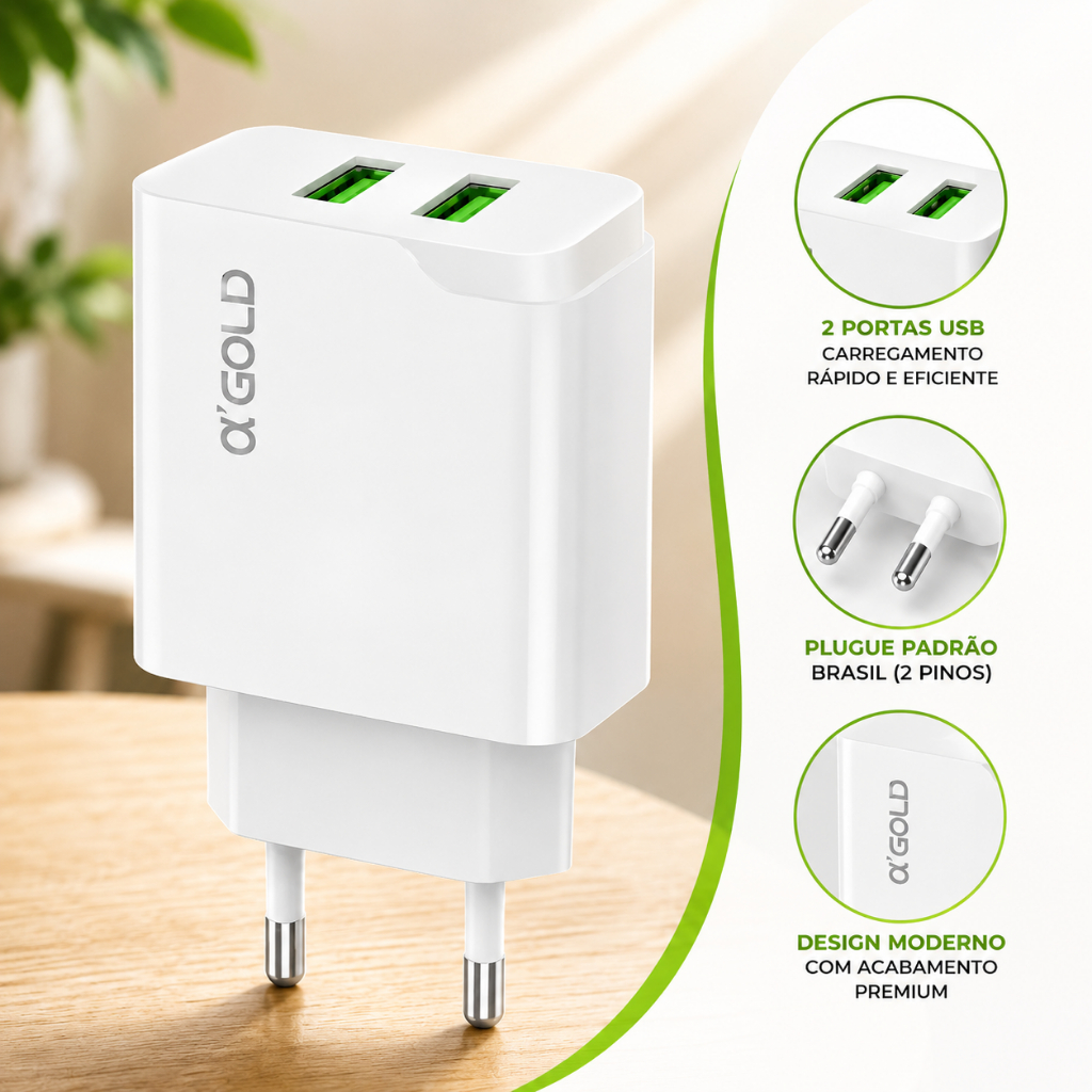 Carregador de Parede Turbo 2 USB 3.1A Bivolt com Auto ID A'Gold