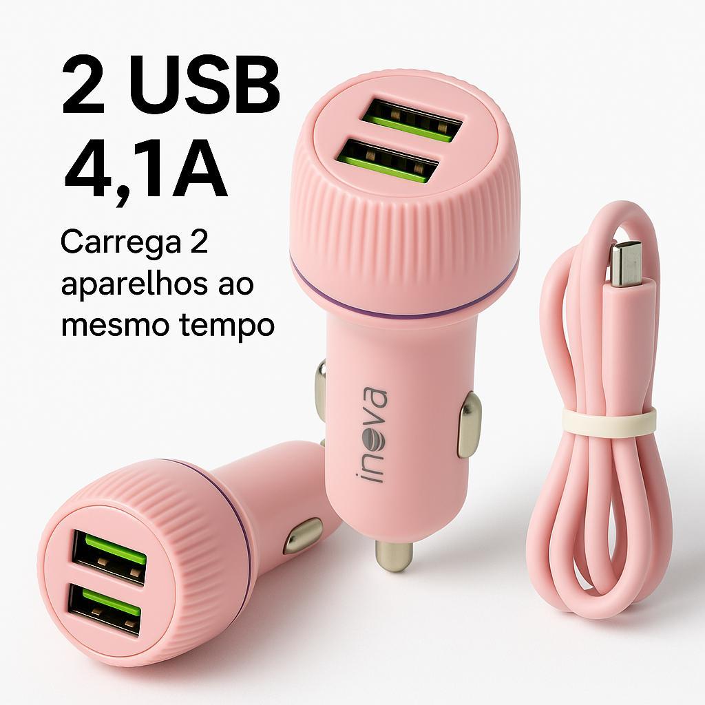 Carregador De Celular Veicular Carro Automovel Inova V8 G06-S 4.1A Turbo  Rápido 2 USB + Cabo 1M IPhone serve Android