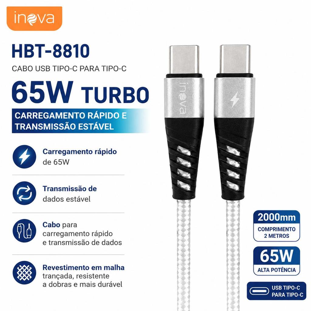 Cabo USB-C para USB-C 65W Turbo Inova HBT-8810 2 Metros Carregamento Rápido e Transferência de Dados