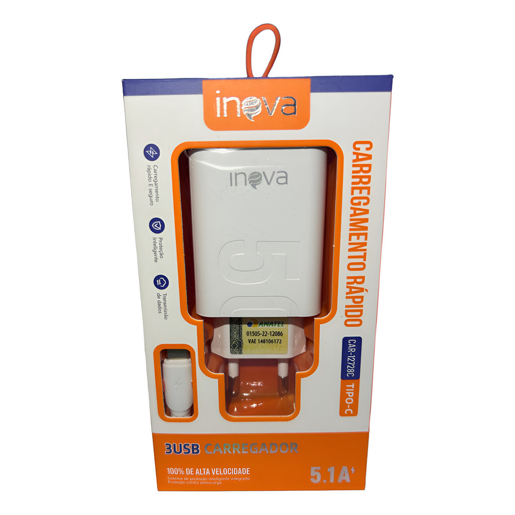 Carregador Veicular Inova CAR-12728A 3 USB Turbo + Cabo Lightning CAR-12728A