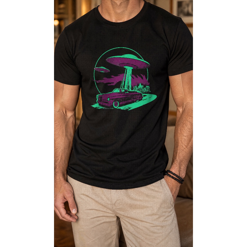 Camiseta Unissex Preta OVNI Alien Carro Retrô Estampa Sci-Fi Vintage Algodão Manga Curta Streetwear