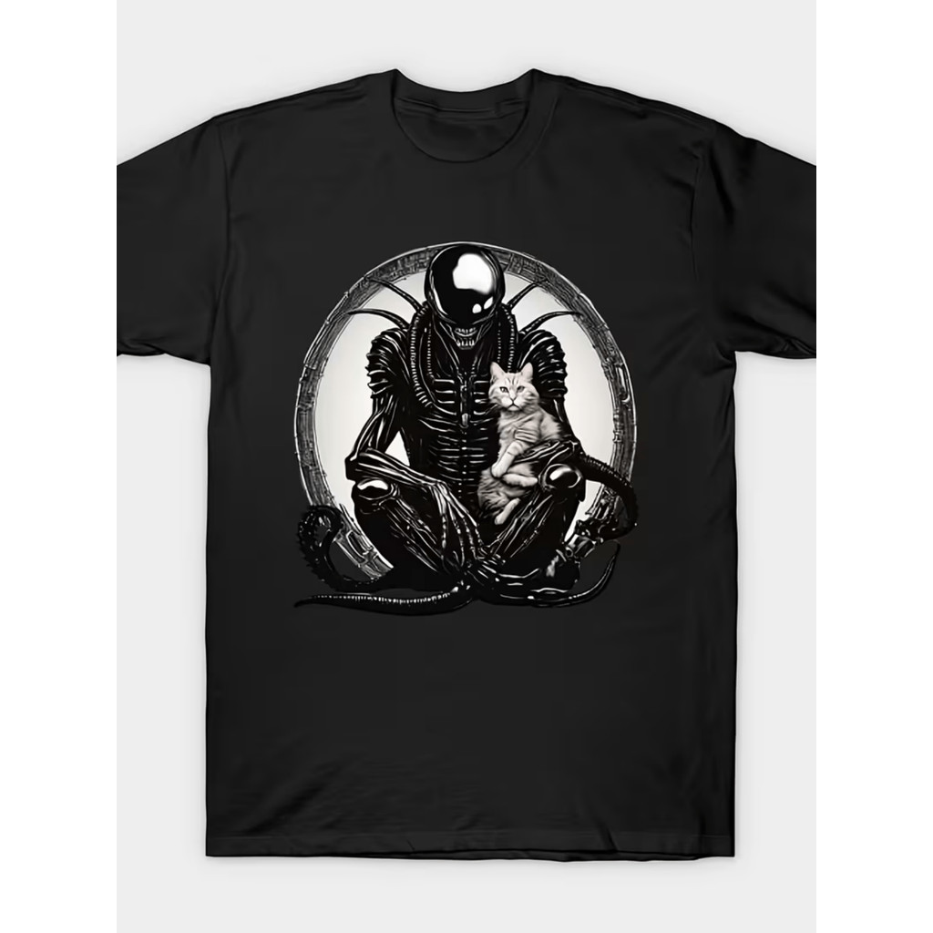 Camiseta Masculina Alien Xenomorph Creature Cat Anime Print Sci Fi Vintage Confortável Divertida Estilosa Casual