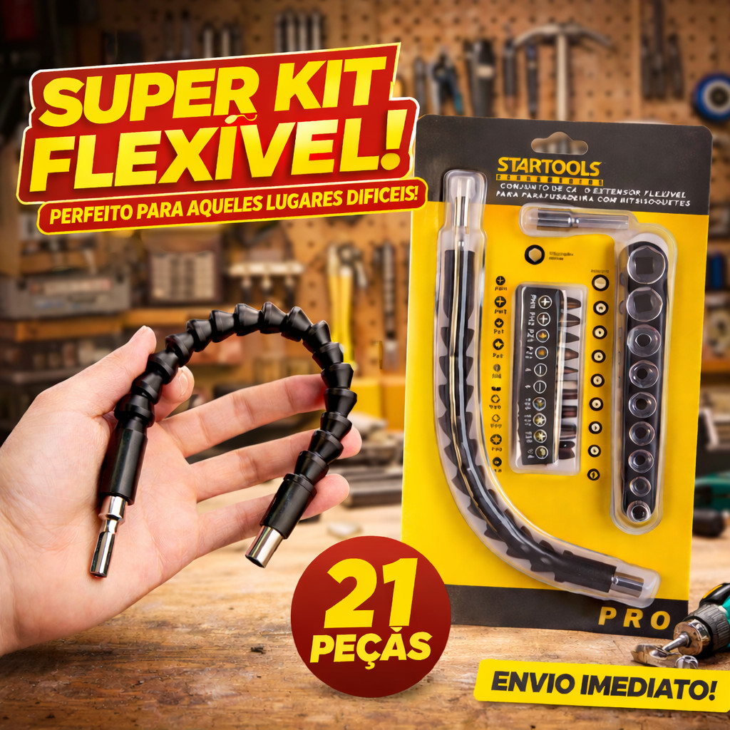 Kit Extensor Eixo Prolongador Startools Parafusadeira Bits Ponteiras Adaptador Ângular Cabo Flexível 24cm