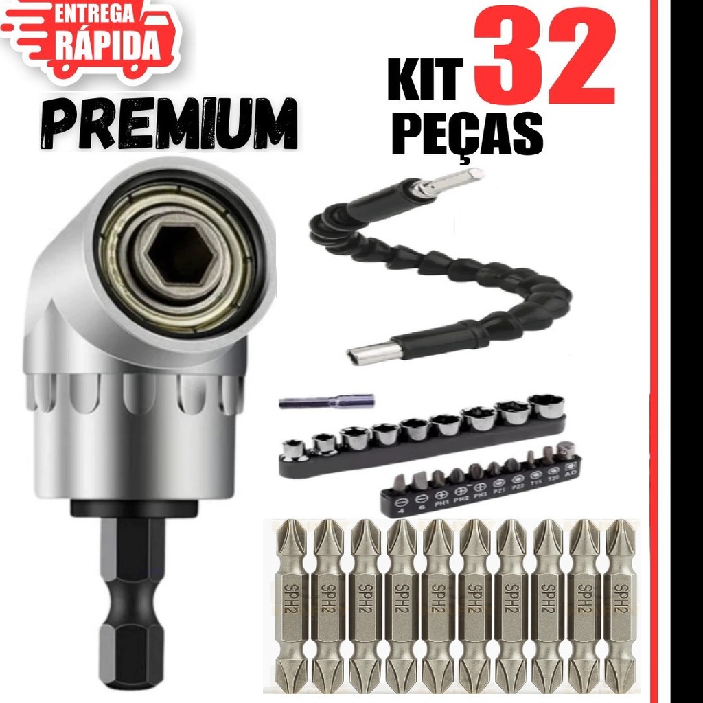 32 peças 1 Adaptador Angular Imantado Encaixe Parafusadeira +  21 Peças Cabo Extensor Flexível Premium + Ponteiras
