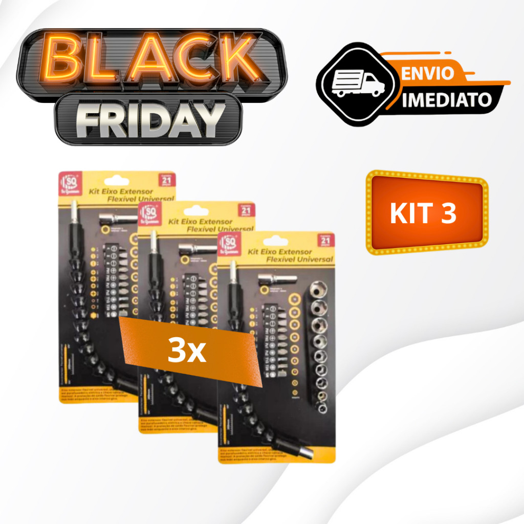 kit 3 Extensões eixo prolongador Ferramenta Braço Flexível 25cm cabo extensor adaptador parafusadeira peças