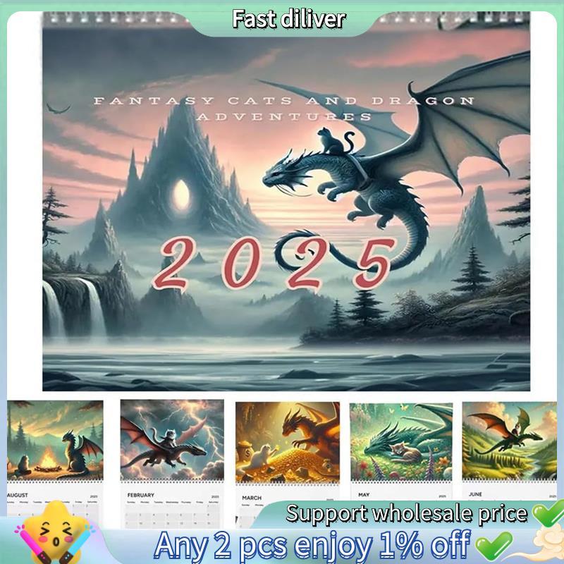 Fantasy-Cat Dragon Rider-Calendário 2025 De Parede Para Casa