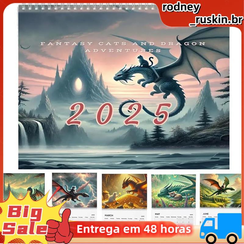 Fantasy-Cat Dragon Rider-Calendário 2025 De Parede Para Casa