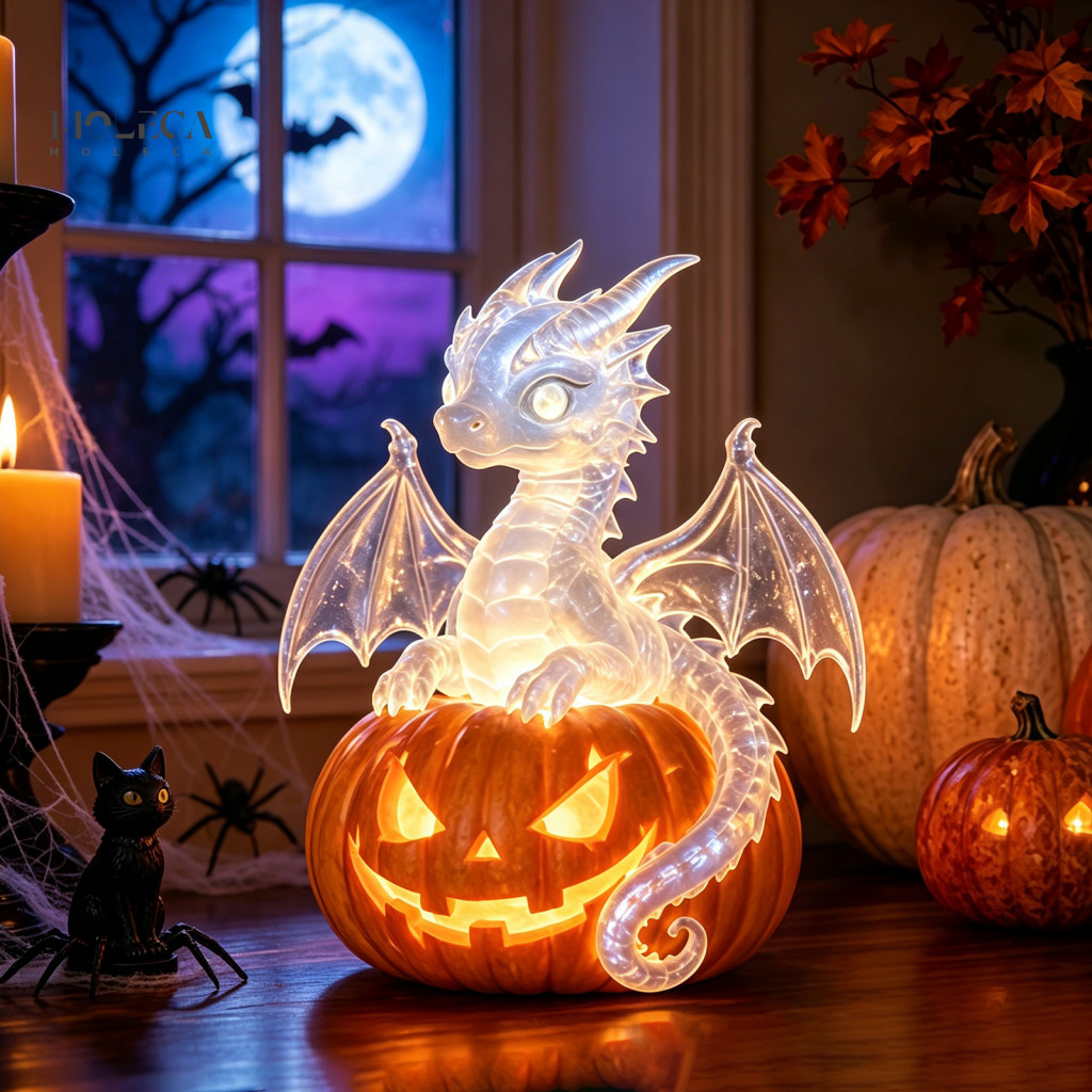 Collectibles for Halloween Lovers Night Light Decor Resin Led Pumpkin Dragon Witch Hat Black Cat Crow Tabletop Lamp for
