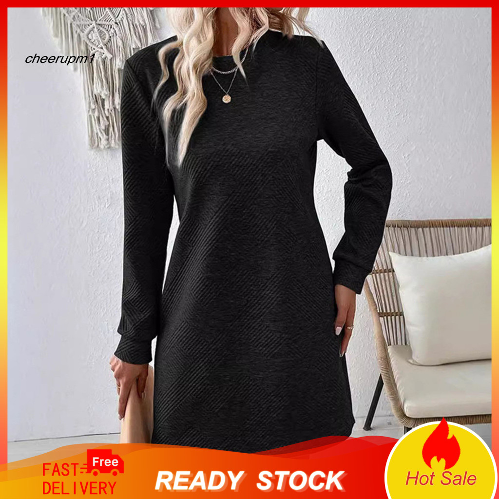 Women Dress Long-sleeved Spring Fall Women’s Long Sleeve Mini Textured Solid Color Pullover Loose Fit Straight Cut Rou