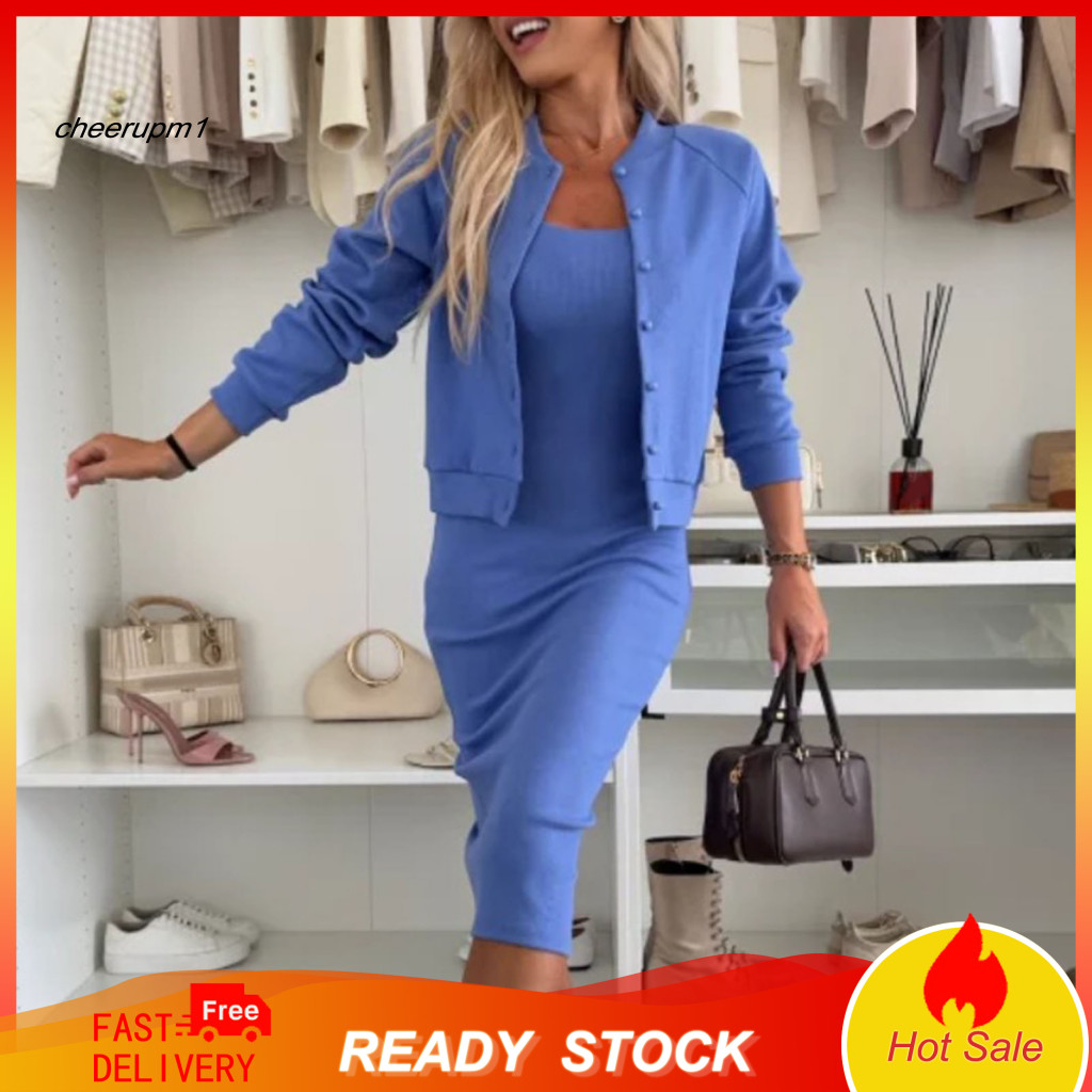 Solid Color Long-sleeved Suit Slim Temperament Women’s Summer 2-piece Dress Set – Maxi with High Waist Split Hem Lig