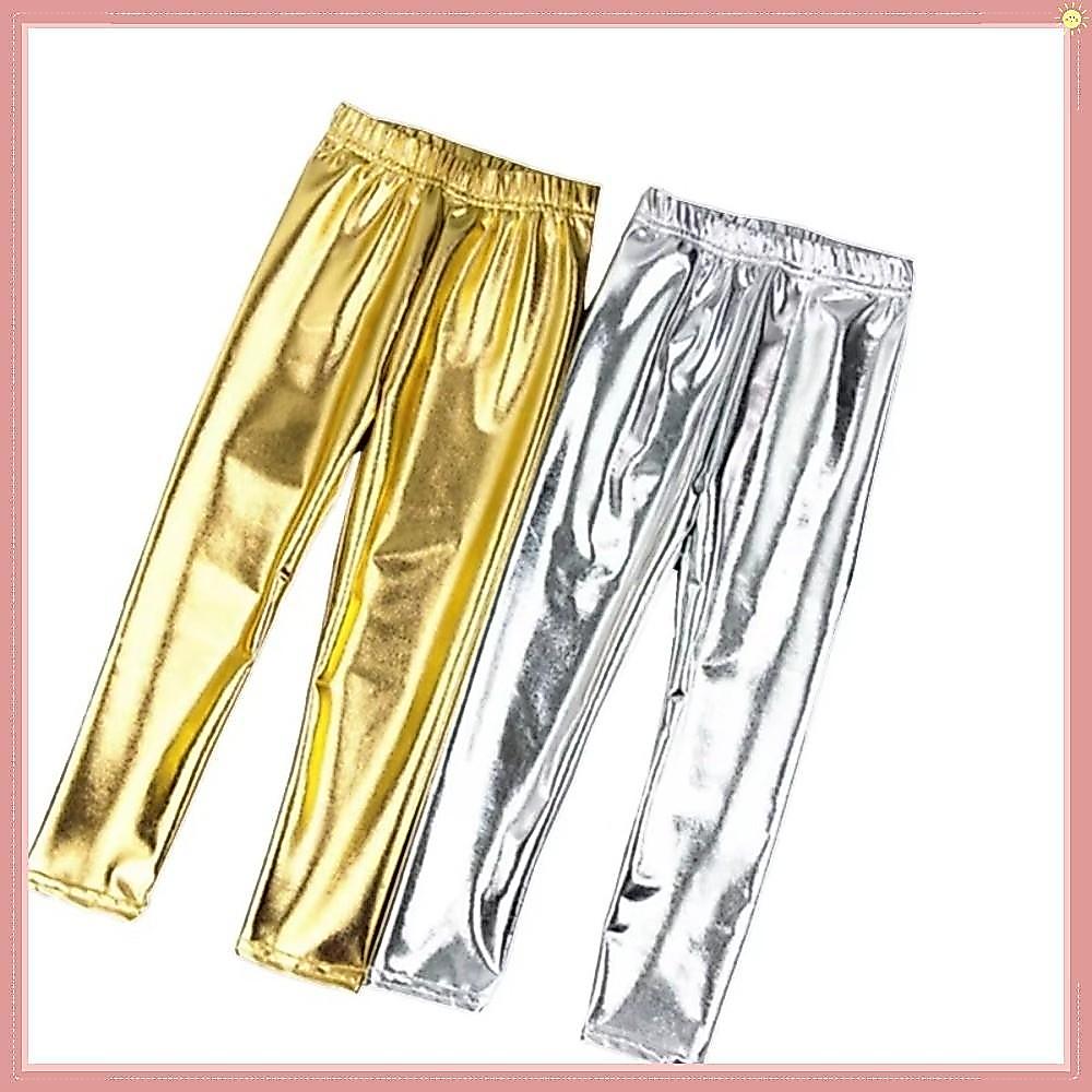 Leggings Infantis , Calças Elásticas De Couro Sintético , Moda Dourada E Prateada Infantil Skinny