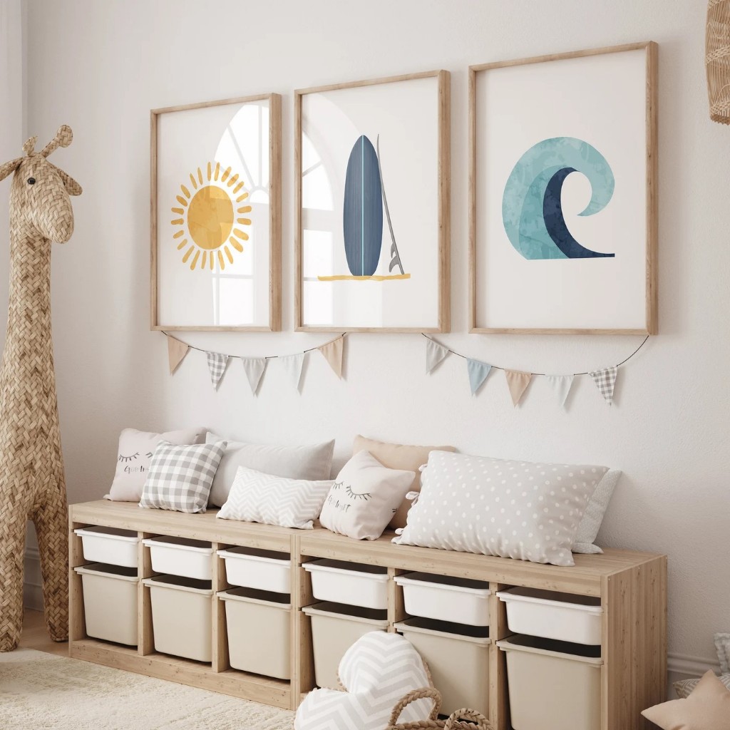 Kit 3 Quadros Decorativos Infantil Surf, Praia e Natureza | Quarto Bebê Menino e Menina – Love The Sun No1