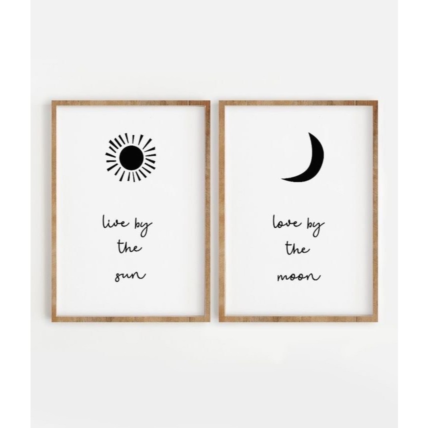 Quadros decorativos Frases Live by the Sun Love by the Moon Minimalista Escandinavo (2 peças)
