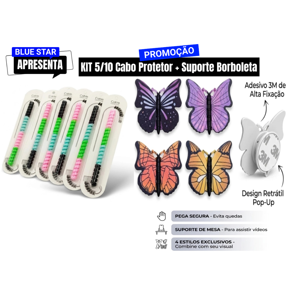 Kit Suporte Dobrável De Telefone Borboleta 360 Rotação +  Protetor Linha De Dados Compacta Portátil Anti Quebra-proteção