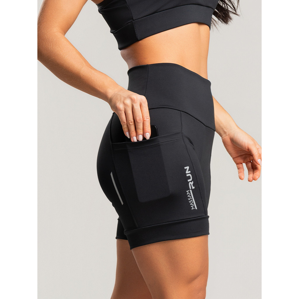 Bermuda Feminina Poliamida Run Preta Cintura Alta Massam Fitness