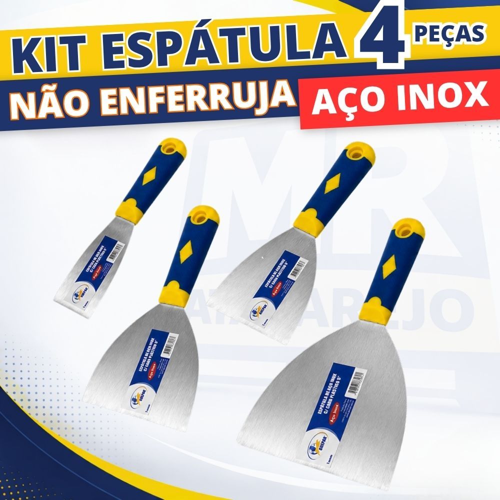 Kit Espátula de Aço Inox Espátula para Massa Corrida Profissional Cabo Emborrachado Não Enferruja