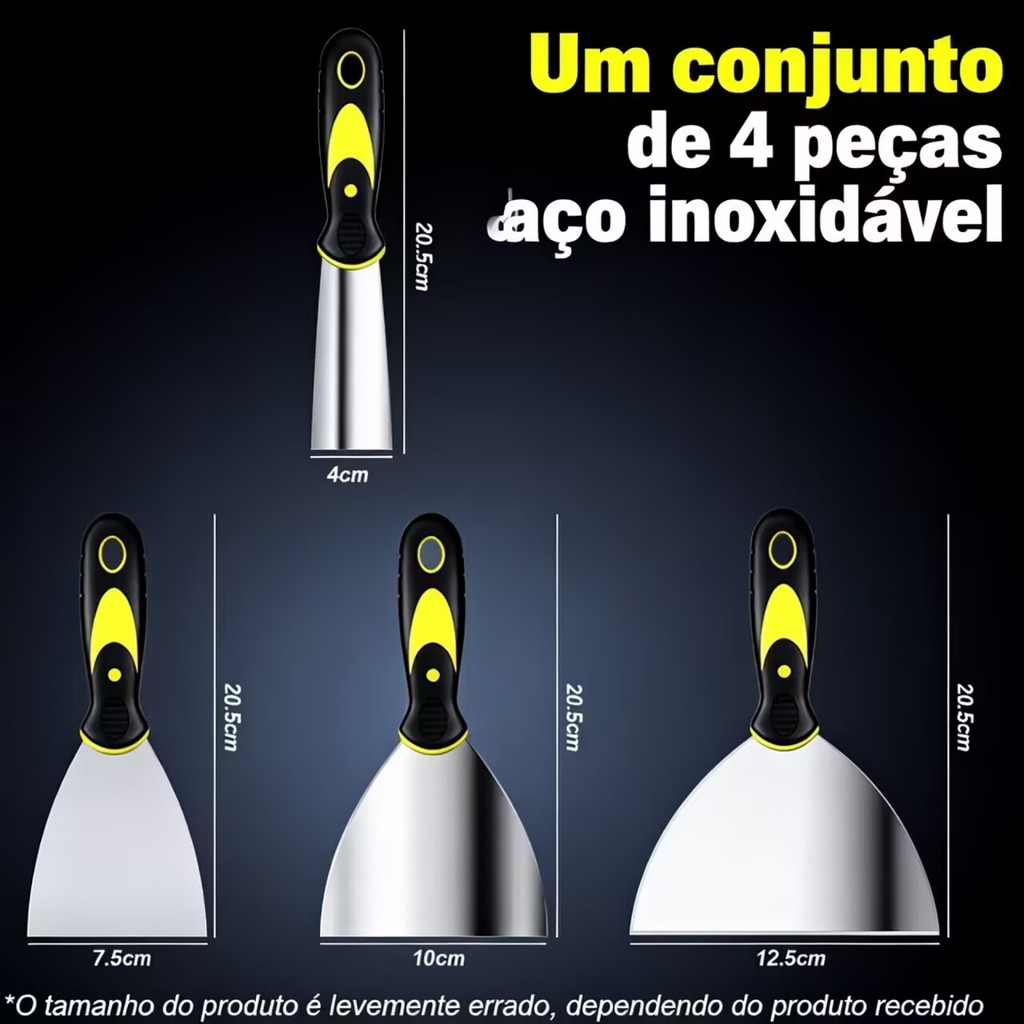 Kit 4 Espátulas de Aço Inox Profissional com Cabo Emborrachado – Tamanhos 2