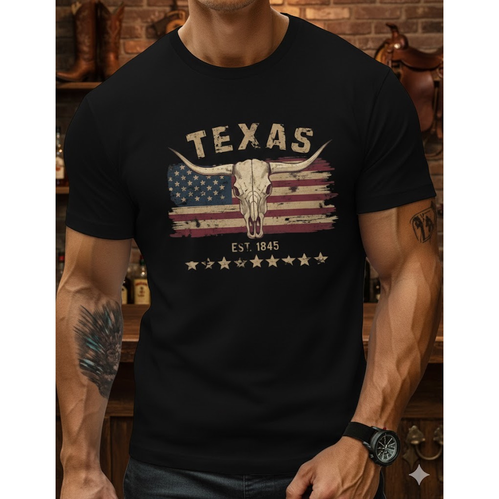 Camiseta Masculina Texas Est 1845 | Estilo Country Streetwear Casual Premium